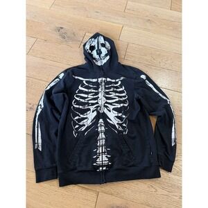 Rude Black Skeleton Full Zip Hoodie Skull Mask Bone Print Goth Punk LG (674)